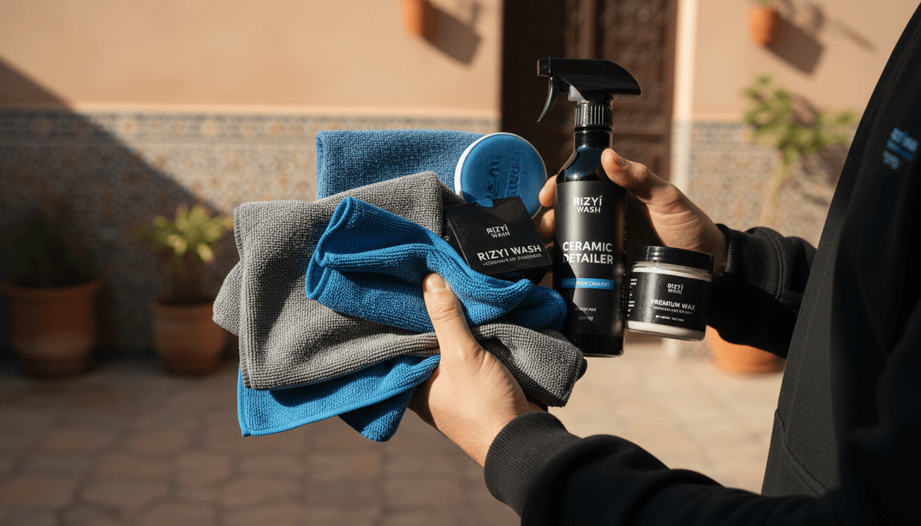 Professional car wash products and microfiber tools used by Rizyi Wash technicians
