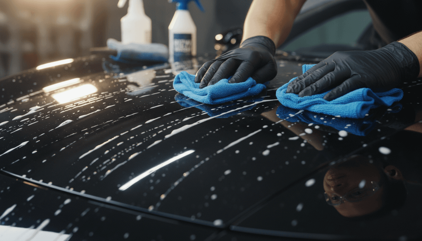 Close-up of professional polishing technique on luxury vehicle finish