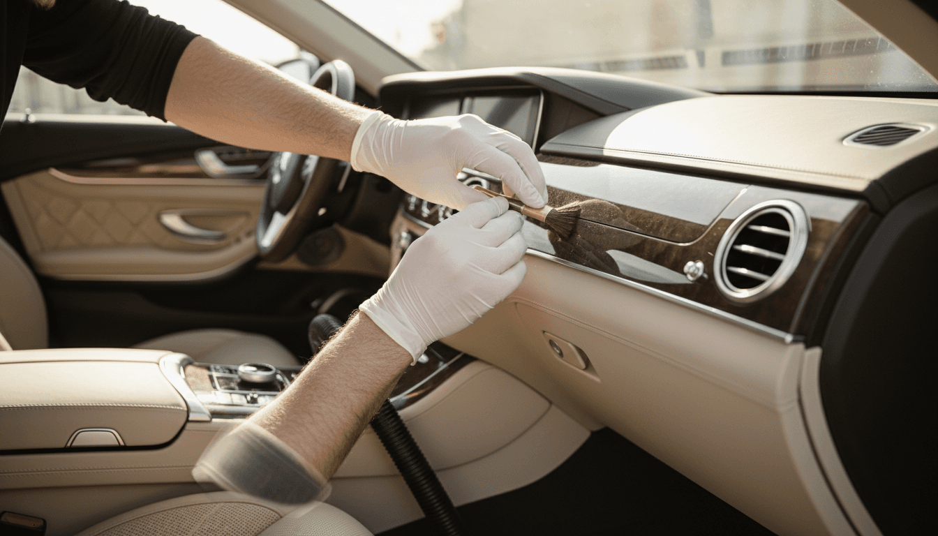 Close-up of detailer's hands carefully cleaning car dashboard vents with specialized brush