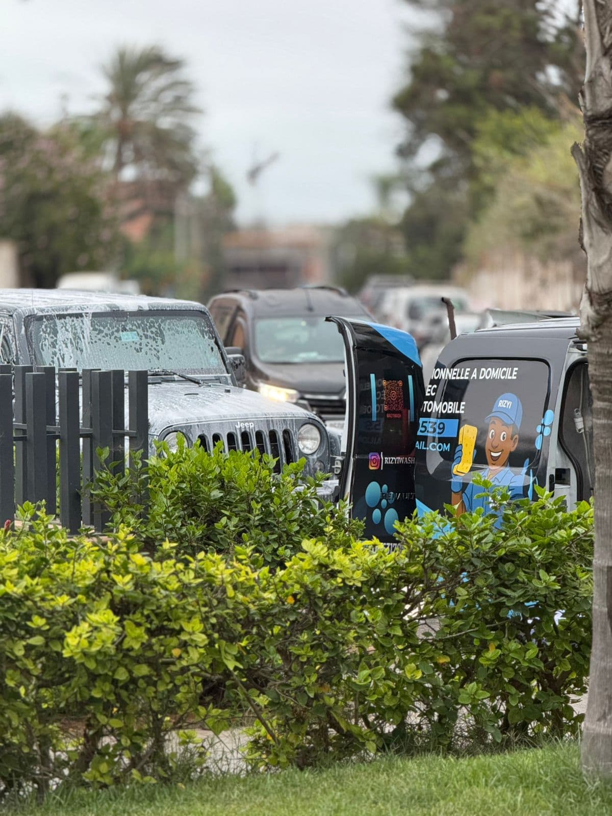 Soapy gray Jeep being cleaned by a mobile car wash van behind green bushes.